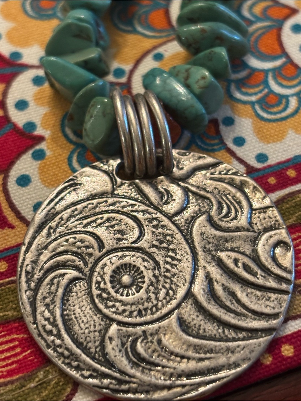 Vintage Cold water Creek Turquoise Chip Necklace with Silver-Textured Pendant